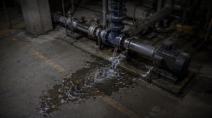 Illustration: water leaking from a pipe onto a plant-room floor