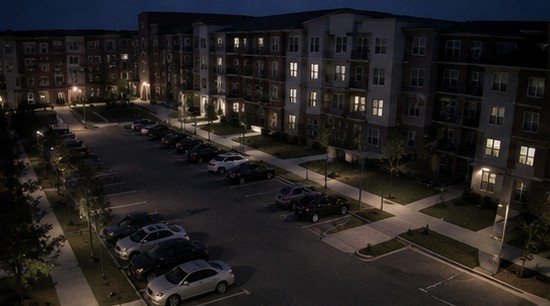 Residential apartment complex at dusk