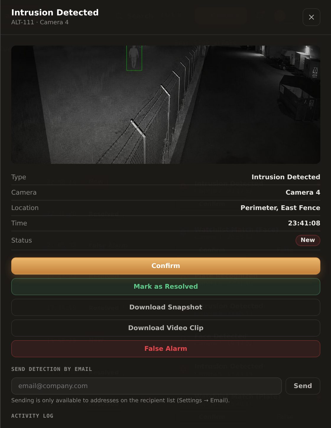 Vengeea alert panel for an intrusion at the east fence: camera frame with the detection box, type, camera, location, time and status, with Confirm, Mark as Resolved, Download Snapshot, Download Video Clip and False Alarm actions