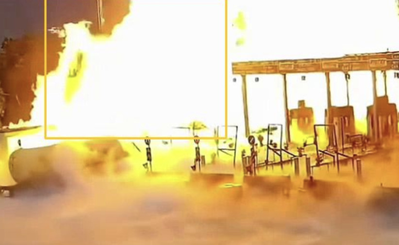 Real screenshot from the Vengeea dashboard: a fire identified on an outdoor camera, bounding box and confidence score overlaid, close view