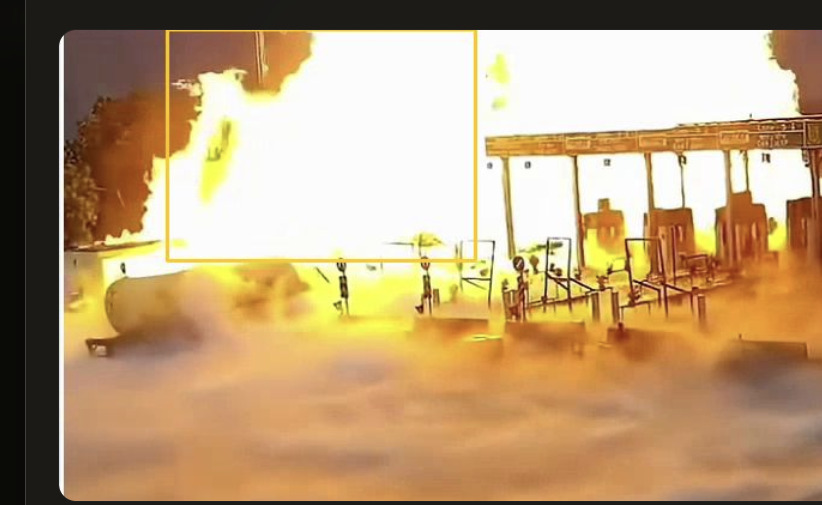 Real screenshot from the Vengeea dashboard: a fire identified on an outdoor camera, bounding box and confidence score overlaid