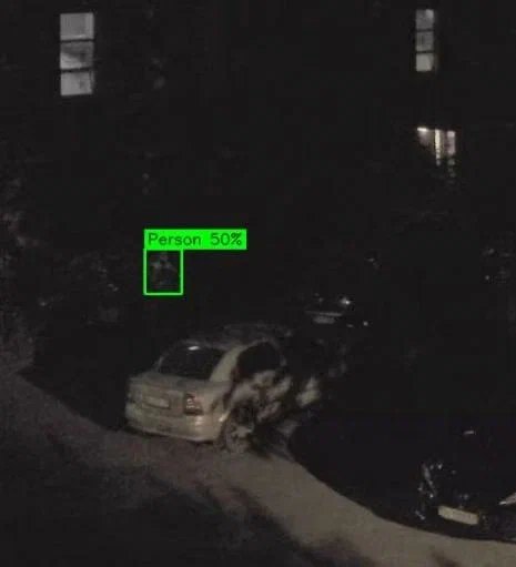 Real night camera frame at a fence line: a person is boxed and labelled Person 50%