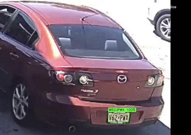 Real screenshot from the Vengeea dashboard: a license plate identified on a gas station camera, bounding box and confidence score overlaid